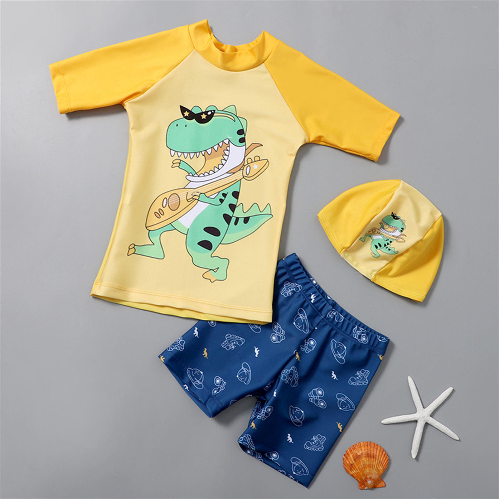 ATOGUTA Boys Two Piece Rash Guard Swimsuits Kids Short Sleeve Swimwear Sets Bathing Suit with Sun Hat Dark Blue, Size 2T-9
